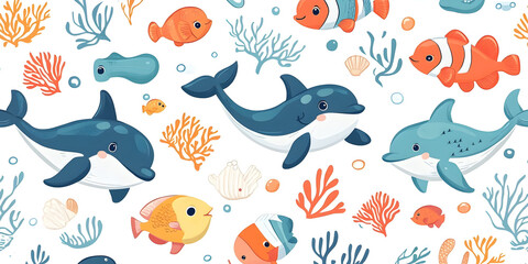 Dolphin with fish and coral