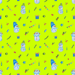 Seamless watercolor pattern. Hand drawn lollipops, snowman, Christmas tree decorations, ribbons, fir branches, candies isolated on light green background. Design for wrapping paper. 
