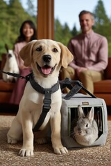 Happy puppy wearing a harness sits beside a rabbit in a carrier, illustrating the bond between pets and their owners, in a cozy indoor setting with natural light and warm ambiance