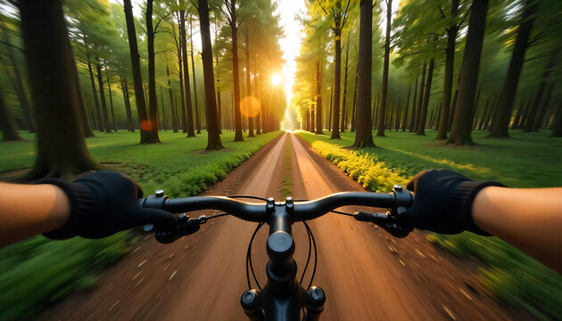first-person view from a bicycle ride, turning slightly right on a forest trail, female hands in black gloves gripping the handlebars, dynamic motion blur on the surrounding trees, leaves slightly blu