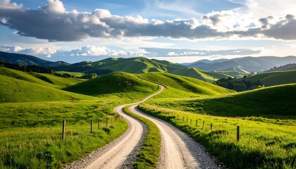 Obraz premium Winding country road through green hills