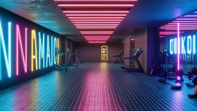 Neon-lit fitness center with vibrant colors and gridded floor