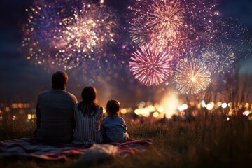Family lying on a blanket watching fireworks, night sky glowing with bursts of color. A family of three sits on a blanket in a grassy field watching vibrant fireworks in the night sky