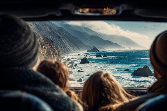Fototapeta Family in a car driving along a coastal highway, kids looking out the window, scenic mountain and ocean views. Family seen from behind admiring rocky coastline and waves through a car window