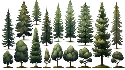 Hand-drawn evergreen trees, forest illustration set, fir-pine vector art, nature design collection, various sizes, isolated on transparent background.