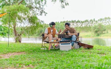 Friends Gaming at Campsite