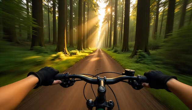 first-person view from a bicycle ride, turning slightly right on a forest trail, female hands in black gloves gripping the handlebars, dynamic motion blur on the surrounding trees, leaves slightly blu - Powered by Adobe