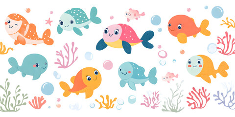 Cute Fish Cartoon Illustration with Bubbles and Seaweed