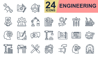 Engineering Icons set vector illustration. Containing engineer, repair, construction, blueprint, factory and more. Simple line icons collection.
