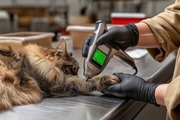 Veterinarian gently applying a medical device to a cat's paw in a veterinary clinic, showcasing the care and attention given to the animal, surrounded by various veterinary tools and equipment