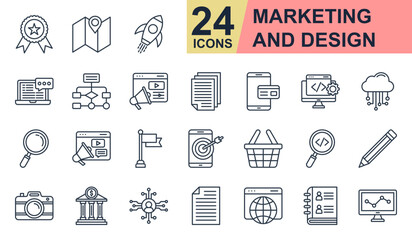 Marketing and Design Icons set vector illustration. Containing Badge, advertising, web development, cloud computing, photography and more. Simple line icons collection.