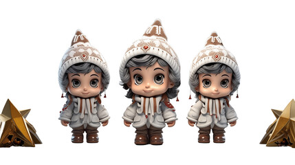 3D winter children models, cute cartoon characters, festive holiday kids, digital art illustration, joyful design, isolated on transparent background.