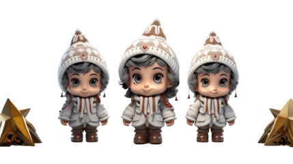 3D winter children models, cute cartoon characters, festive holiday kids, digital art illustration, joyful design, isolated on transparent background.