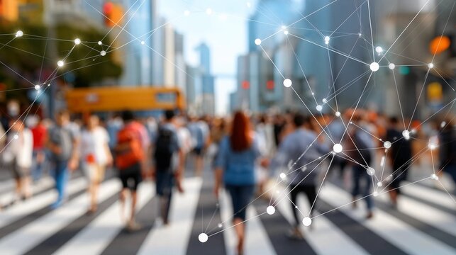 Blurred crowd crossing a city street with digital network overlay - urban connectivity and data flow