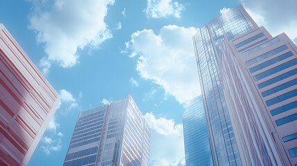 Fototapeta premium Modern skyscrapers reaching towards a bright blue sky with fluffy clouds