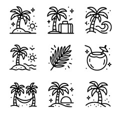 Palm tree graces nine line drawings of tropical vacation icons.