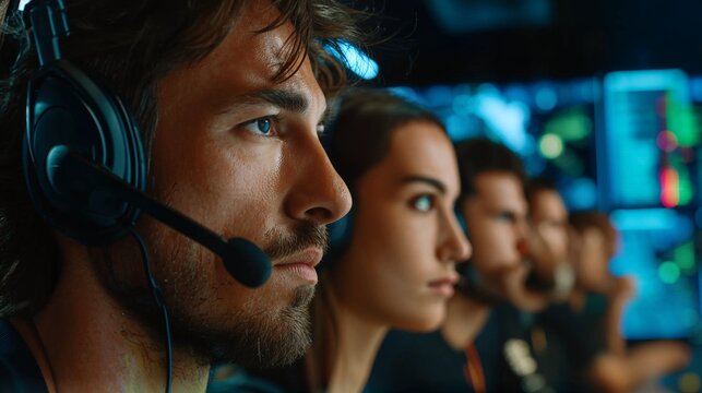 Focused team wearing headsets in a control room - intense monitoring and strategy