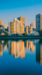 Fototapeta premium Cityscape Reflection in Calm Water at Sunset