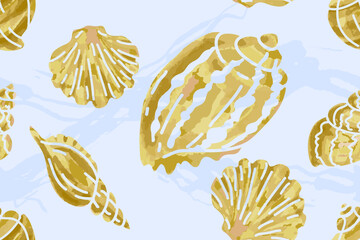Seamless 
pattern. Summer beach with shells, tropical elements. Watercolor background illustration set. Vector