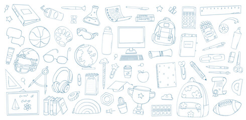 School doodles, monochrome cartoon elements, school supplies collection for prints, social media decor, cards, posters, banners, planners, stationery, coloring pages, etc. EPS 10