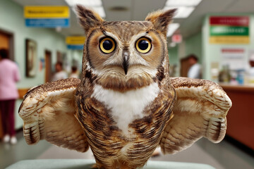 Owl with outstretched wings is positioned in a veterinary clinic, surrounded by staff and medical equipment, highlighting the importance of animal care and the environment of veterinary services