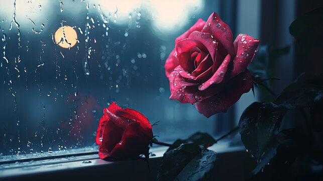 A red rose with water droplets on a windowpane.
