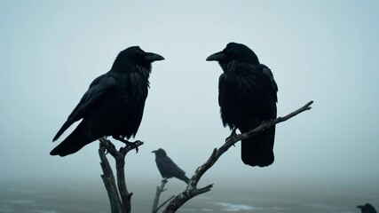 Two crows interacting on branch with misty coastal background and flock movement - Powered by Adobe