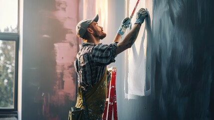 Painter works with paints and decorations and prepares the wall before painting