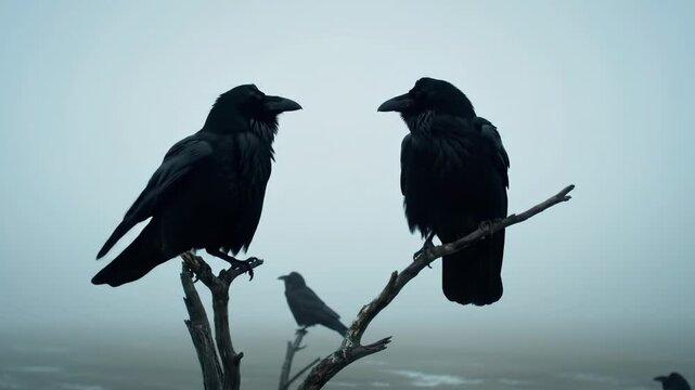 Two crows interacting on branch with misty coastal background and flock movement