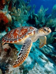 an underwater scene showcases a turtle gliding through a vibrant marine environment. the turtle has a mottled shell with a pattern of dark brown and tan
