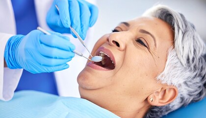Naklejka premium Professional Dentist Performing Routine Oral Examination on Elderly Female in Modern Clinic