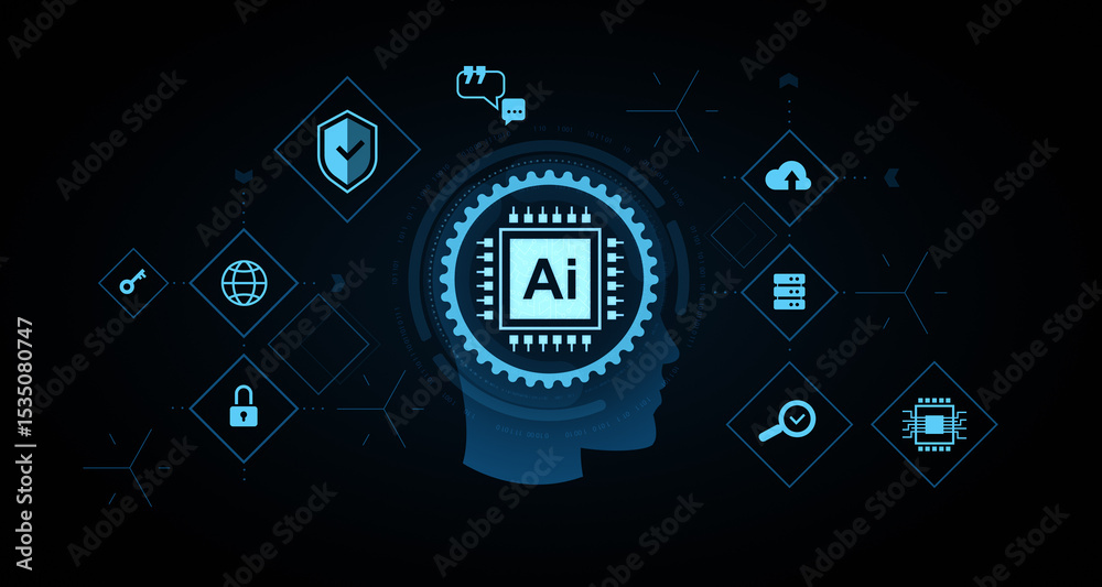 Fototapete artificial intelligence technology concept with head silhouette, ai chip and cybersecurity icons on 