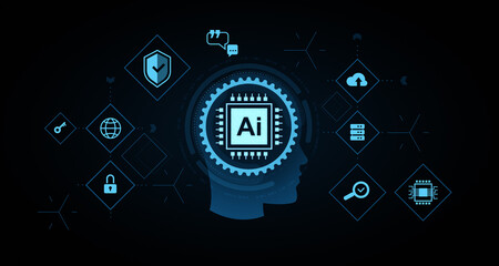 Fototapeta na wymiar Artificial intelligence technology concept with head silhouette, AI chip and cybersecurity icons on dark background representing digital network system. 3D Rendering