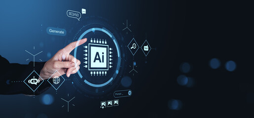 Obraz premium Human hand interacting with AI chip hologram interface on dark tech background.