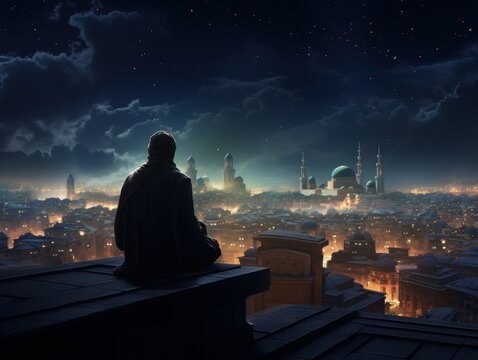 Fototapeta Lonely figure gazing at futuristic cityscape under night sky