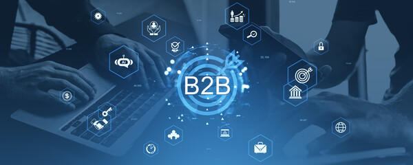 B2B partnership and customer collaboration concept with digital icons and business interaction on a blue background in modern tech graphic style.