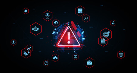 Obraz na płótnie Canvas Cybersecurity threat alert with digital warning icons and AI symbols on a futuristic tech background concept for data protection and risk management. 3D Rendering