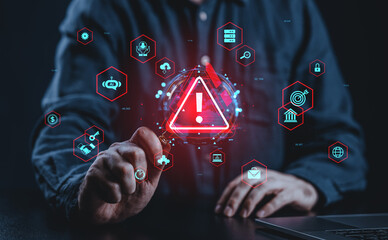 Cybersecurity risk alert interface with icons and digital warning symbol in red glow.