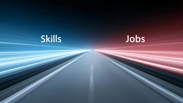 Skills to Jobs: A conceptual image of the bridge between skills and job opportunities, with dynamic lines converging towards a horizon, creating a sense of movement and future.