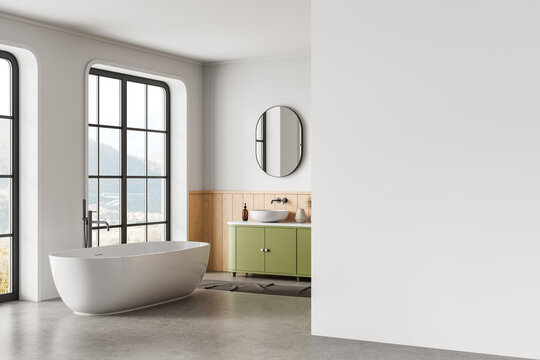 Modern bathroom interior with empty white wall for poster mockup or design template, featuring clean layout and bright minimalist elements. 3D Rendering - Powered by Adobe