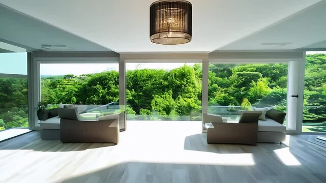 Sun lit modern living room opens to lush greenery through vast glass doors illustrating seamless video indoor outdoor luxury sharp K real estate walk throughs interior design video reels wellness