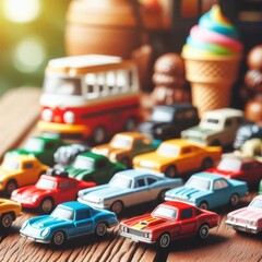 Close up of tiny toy cars in different shades scattered on a wooden table with bokeh effect in the background