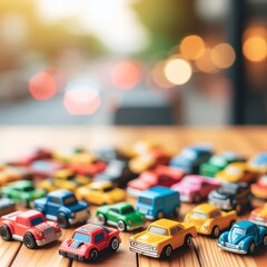 A group of small plastic vehicles with various colors creating an eye-catching display