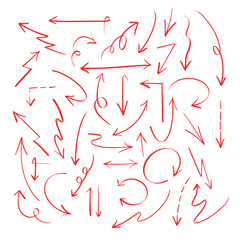 Hand-drawn Red Arrows Sketch Set. Curved, Zigzag, and Doodle Styles