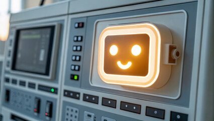 Obraz premium AI chatbot for healthcare support. Smiling robot face on a modern control panel display. AI for customer service.