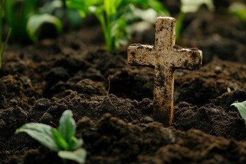 high resolution image of front view of cross on soil