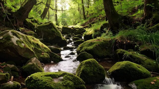 Small stream cascades through a vibrant green forest with mossy rocks
