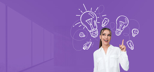 Woman having creative idea with hand-drawn light bulbs on purple