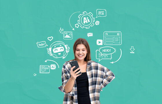 Smiling woman using smartphone with AI chatbot icons on teal bac