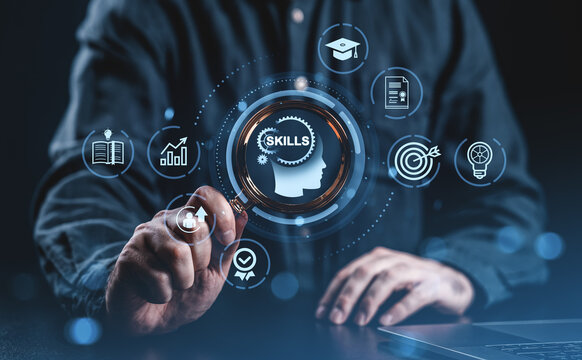 Man analyzing digital skill development icons with magnifying glass concept on dark background.